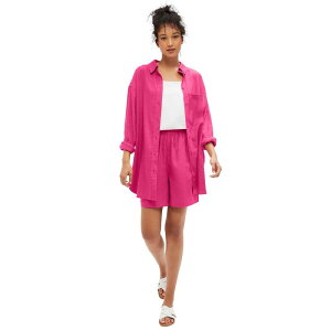Ellos ���f�B�[�X �g�b�v�X �V���c �v���X�T�C�Y ���l�� Ellos Women's Plusize Oversized Button-front Linen Blend Shirt Raspberry Sorbet