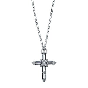 yz 1928 fB[X lbNXE`[J[Ey_ggbv ANZT[ 1928 Crystal Baguette Cross Pendant Necklace Silver Tone