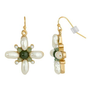 yz 1928 fB[X sAXECO ANZT[ 1928 Gold Tone Simulated Pearl & Aventurine Star Drop Earrings Green