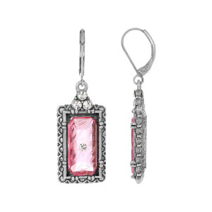 yz 1928 fB[X sAXECO ANZT[ 1928 Silver Tone Rectangle Simulated Crystal Stone Earrings Pink