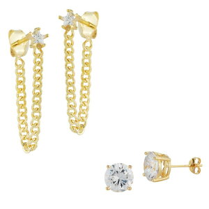yz Sunkissed Sterling fB[X sAXECO ANZT[ Sunkissed Sterling Cubic Zirconia Star Curb Drop & Stud Earrings Set Gold Tone