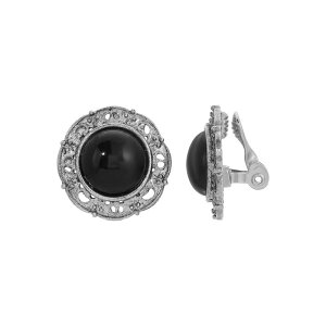 1928 ���f�B�[�X �A�N�Z�T���[ �s�A�X�E�C�������O 1928 Silver Tone Jet Stone Round Clip-On Earrings Black �u���b�N