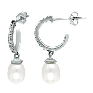 yz Aleure Precioso fB[X sAXECO ANZT[ Aleure Precioso Sterling Silver Pave Cubic Zirconia 1/2 Hoop & Freshwater Cultured Pearl Drop Earrings Silver Tone