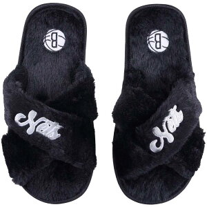 yz Aufbh fB[X T_ V[Y Women's FOCO Brooklyn Nets Script Cross Slide Slippers Net Black