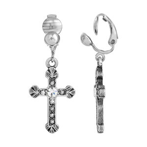 yz 1928 fB[X sAXECO ANZT[ 1928 Crystal Accent Cross Clip On Earrings Silver Tone