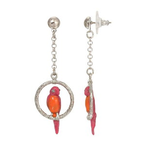 1928 fB[X ANZT[ sAXECO 1928 Silver Tonenameled Perched Parrot Hoop Drop Earrings Pink sN