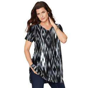 ���A�}���Y ���f�B�[�X �g�b�v�X T�V���c V�l�b�N �v���X�T�C�Y ���� Roaman's Women's Plusize Short-sleeve V-neck Ultimate Tunic Black Ikat Diamonds �u���b�N