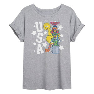 【送料無料】 ライセンス キャラクター レディース Tシャツ トップス Juniors' Sesame Street USA Flowy Tee Heather Gray