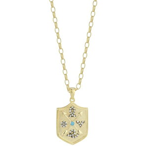 yz Sunkissed Sterling fB[X lbNXE`[J[Ey_ggbv ANZT[ Sunkissed Sterling Sterling Silver Cubic Zirconia Simulated Turquoise Love Shield Pendant Necklace Gold Tone