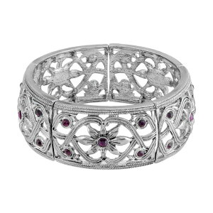 1928 ���f�B�[�X �A�N�Z�T���[ �u���X���b�g�E�o���O���E�A���N���b�g 1928 Silver Tone Purple Simulated Crystal Flower Stretch Bracelet Purple �p�[�v��