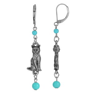 yz 1928 fB[X sAXECO ANZT[ 1928 Silver Tone Simulated Turquoise Bead Cat Drop Earrings Aqua