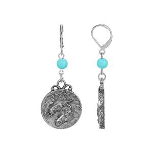 yz 1928 fB[X sAXECO ANZT[ 1928 Silver Tone Simulated Turquoise Bead Horse Medallion Drop Earrings Turquoise
