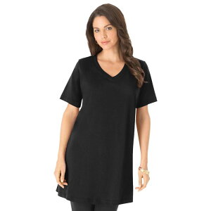 ���A�}���Y ���f�B�[�X �g�b�v�X T�V���c V�l�b�N �v���X�T�C�Y ���� Roaman's Women's Plusize Short-sleeve V-neck Ultimate Tunic Black �u���b�N
