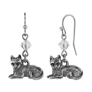 1928 fB[X ANZT[ sAXECO 1928 Jewelry Clear Beadetail Pewter Cat Wire Drop Earrings Grey O[