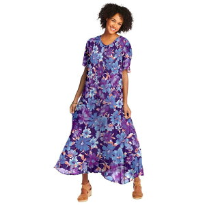 �E�[�}�� �E�B�Y�C�� ���f�B�[�X �g�b�v�X �����s�[�X �v���X�T�C�Y ���� Woman Within Women's Plusize Short-sleeve Crinkle Dress Radiant Purple Floral �p�[�v��