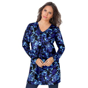 ���A�}���Y ���f�B�[�X �g�b�v�X T�V���c V�l�b�N �v���X�T�C�Y ���� Roaman's Women's Plusize Long-sleeve V-neck Ultimate Tunic Blue Shadow Floral �u���[