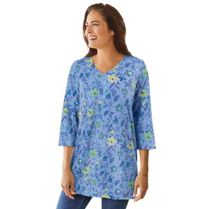 �E�[�}�� �E�B�Y�C�� ���f�B�[�X �g�b�v�X T�V���c V�l�b�N �v���X�T�C�Y �v�����g Woman Within Women's Plusize Perfect Printed Three-quarter-sleeve V-neck Tunic French Blue Jacquard �u���[