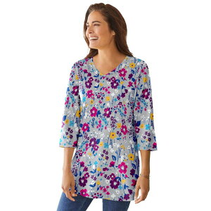 �E�[�}�� �E�B�Y�C�� ���f�B�[�X �g�b�v�X T�V���c V�l�b�N �v���X�T�C�Y �v�����g Woman Within Women's Plusize Perfect Printed Three-quarter-sleeve V-neck Tunic Heather Grey Field �O���[