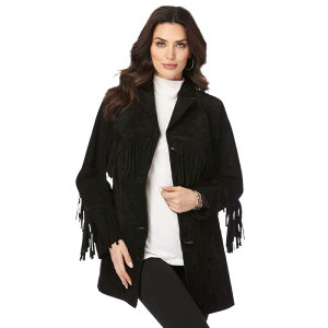 A}Y fB[X AE^[ WPbgEu] vXTCY XG[h tW Roaman's Women's Plusize Fringe Suede Jacket Black ubN