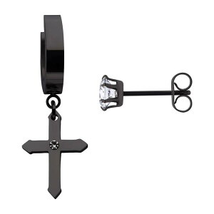 �A���u�����f�b�h ���f�B�[�X �A�N�Z�T���[ �s�A�X�E�C�������O T�V���c Unbranded Cross Ion-Plated Stainlessteel Hoop Drop & Cubic Zirconia Stud Mismatched Earrings Black �u���b�N