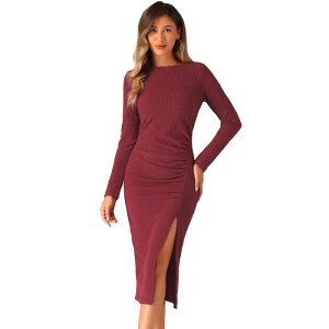 �A���O�� �P�[ ���f�B�[�X �g�b�v�X �����s�[�X �N���[�l�b�N �M���U�[ �~�f�B ALLEGRA K Fall Dress For Women's Casualong Sleeve Crew Neck Ruched Slit Fitted Midi Dress Dark Red ���b�h
