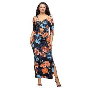 24 �Z�u���R���t�H�[�g ���f�B�[�X �g�b�v�X �����s�[�X �T�C�h�X���b�g �}�L�V Women's 24Seven Comfort Apparel Three-Quarter Sleeve Side Slit Maxi Dress Black Multi �u���b�N