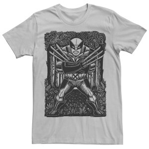 yz }[x Y TVc gbvX Men's Marvel X-Men Wolverine Woodcut Blue Portrait Tee Silver