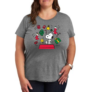 �A�j���L�����N�^�[ ���f�B�[�X �g�b�v�X T�V���c �v���X�T�C�Y �O���t�B�b�N Licensed Character Plusize Peanutsnoopy & Woodstock Christmas Presents Graphic Tee Heather Gray �O���[