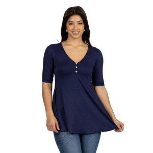24 �Z�u���R���t�H�[�g ���f�B�[�X �g�b�v�X �V���c Women's 24seven Comfort Apparel Short Sleeve Tunic Top with Button Detail Navy �l�C�r�[