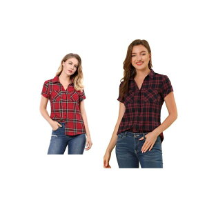�A���O�� �P�[ ���f�B�[�X �g�b�v�X �V���c �R�b�g�� ALLEGRA K 2 Packs Women's Cotton Boyfriend Button Front Short Sleeves Plaid Shirts Red Black �u���b�N