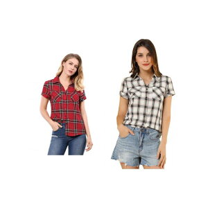 �A���O�� �P�[ ���f�B�[�X �g�b�v�X �V���c �R�b�g�� ALLEGRA K 2 Packs Women's Cotton Boyfriend Button Front Short Sleeves Plaid Shirts Red White Black �z���C�g