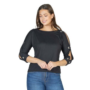 24 �Z�u���R���t�H�[�g ���f�B�[�X �g�b�v�X �V���c Women's 24Seven Comfort Apparel Three-Quarter Sleeve Boatneck Cold Shoulder Top Black �u���b�N