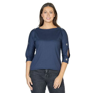 24 �Z�u���R���t�H�[�g ���f�B�[�X �g�b�v�X �V���c Women's 24Seven Comfort Apparel Three-Quarter Sleeve Boatneck Cold Shoulder Top Navy �l�C�r�[