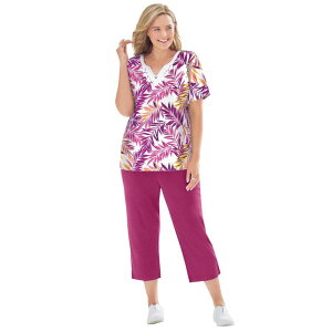 yz E[} EBYC fB[X TVc gbvX Woman Within Women's Plus Size 2-piece Tunic And Capri Set Raspberry Palm Leaf