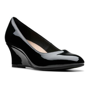 N[NX fB[X V[Y pvX U[ q[ Clarks Olivette Pearl Women's Leather Wedge Heel Pumps Black Patent ubN