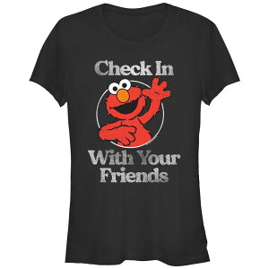 yz CZX LN^[ fB[X TVc gbvX Juniors' Sesame Street Elmo Stamp Check In On Your Friends Graphic Tee Black