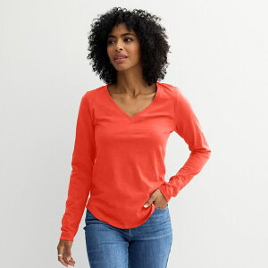 【送料無料】 ソノマ レディース Tシャツ トップス Women's Sonoma Goods For LifeR Everyday Long Sleeve V-Neck Tee Orange Hibiscus