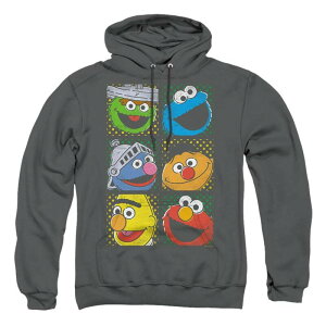 �A�j���L�����N�^�[ �����Y �A�E�^�[ �j�b�g�E�Z�[�^�[ �p�[�J�[ Licensed Character Sesame Street Group Squares Adult Pull Over Hoodie Charcoal �`���R�[��