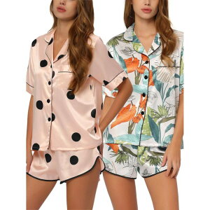 yz cheibear fB[X iCgEFA A_[EFA Women's Satin 2pcs Lounge Sleepwear T-shirt And Shorts Dots Pajama Sets Pink Dots Green White