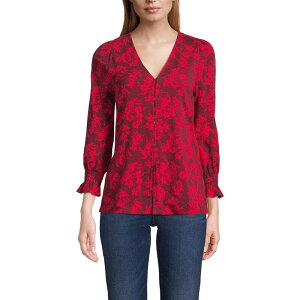 YGh fB[X gbvX TVc W[W[ Women's Lands' End 3/4 Sleeve Lightweight Jersey Button Frontop Red Painted Flower bh