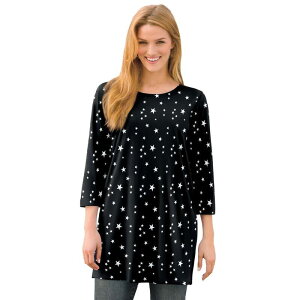 �E�[�}�� �E�B�Y�C�� ���f�B�[�X �g�b�v�X T�V���c �v���X�T�C�Y �v�����g Woman Within Women's Plusize Perfect Printed Three-Quarter-Sleeve Scoopneck Tunic Black White Stars �z���C�g