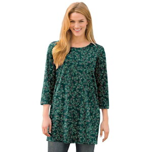 �E�[�}�� �E�B�Y�C�� ���f�B�[�X �g�b�v�X T�V���c �v���X�T�C�Y �v�����g Woman Within Women's Plusize Perfect Printed Three-Quarter-Sleeve Scoopneck Tunic Emerald Green Leaf �O���[��