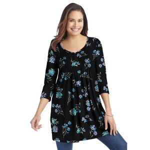 �E�[�}�� �E�B�Y�C�� ���f�B�[�X �g�b�v�X T�V���c V�l�b�N �v���X�T�C�Y Woman Within Women's Plusize V-neck Pintucked Tunic Black Marigold Floral �u���b�N