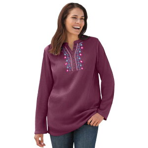 �E�[�}�� �E�B�Y�C�� ���f�B�[�X �g�b�v�X T�V���c �v���X�T�C�Y �h�J Woman Within Women's Plusizembroidered Thermal Henley Tee Deep Claret Vine