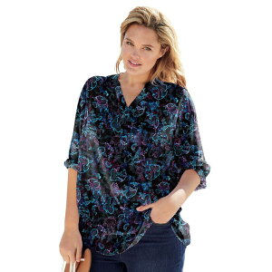 �E�[�}�� �E�B�Y�C�� ���f�B�[�X �g�b�v�X T�V���c �v���X�T�C�Y Woman Within Women's Plusize 7-Day Three-Quarter Sleeve Tab-Frontunic Black Multi Batik �u���b�N