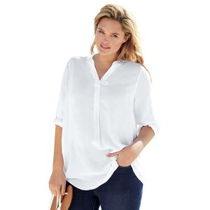 �E�[�}�� �E�B�Y�C�� ���f�B�[�X �g�b�v�X T�V���c �v���X�T�C�Y Woman Within Women's Plusize 7-Day Three-Quarter Sleeve Tab-Frontunic White �z���C�g