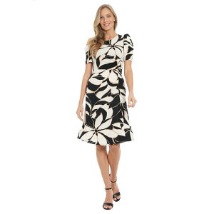 �����h���^�C���X ���f�B�[�X �g�b�v�X �����s�[�X �M���U�[ �~�f�B Women's London Times Puff Sleeve Jewel Neck Ruched Midi Dress Black Neutral Floral �u���b�N