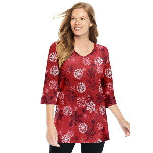 �E�[�}�� �E�B�Y�C�� ���f�B�[�X �g�b�v�X T�V���c V�l�b�N �v���X�T�C�Y �v�����g Woman Within Women's Plusize Perfect Printed Three-Quarter-Sleeve V-Neck Tuniclassic Red Textured ���b�h