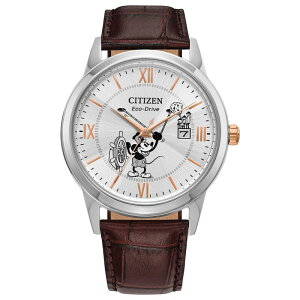 yz V`Y Y rv ANZT[ Disney's Steamboat Willie Mickey Mouse Citizen Men's Eco-Drive Stainless Steel Brown Leather Strap Watch - AW1788-07W Brown