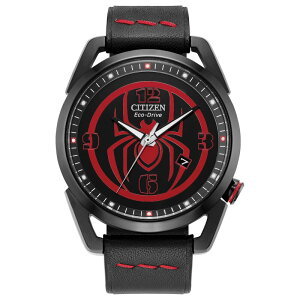 yz V`Y Y rv ANZT[ Citizen Men's Eco-Drive Marvel Mile Morales Black IP Stainless Steel Black Leather Strap Watch Black